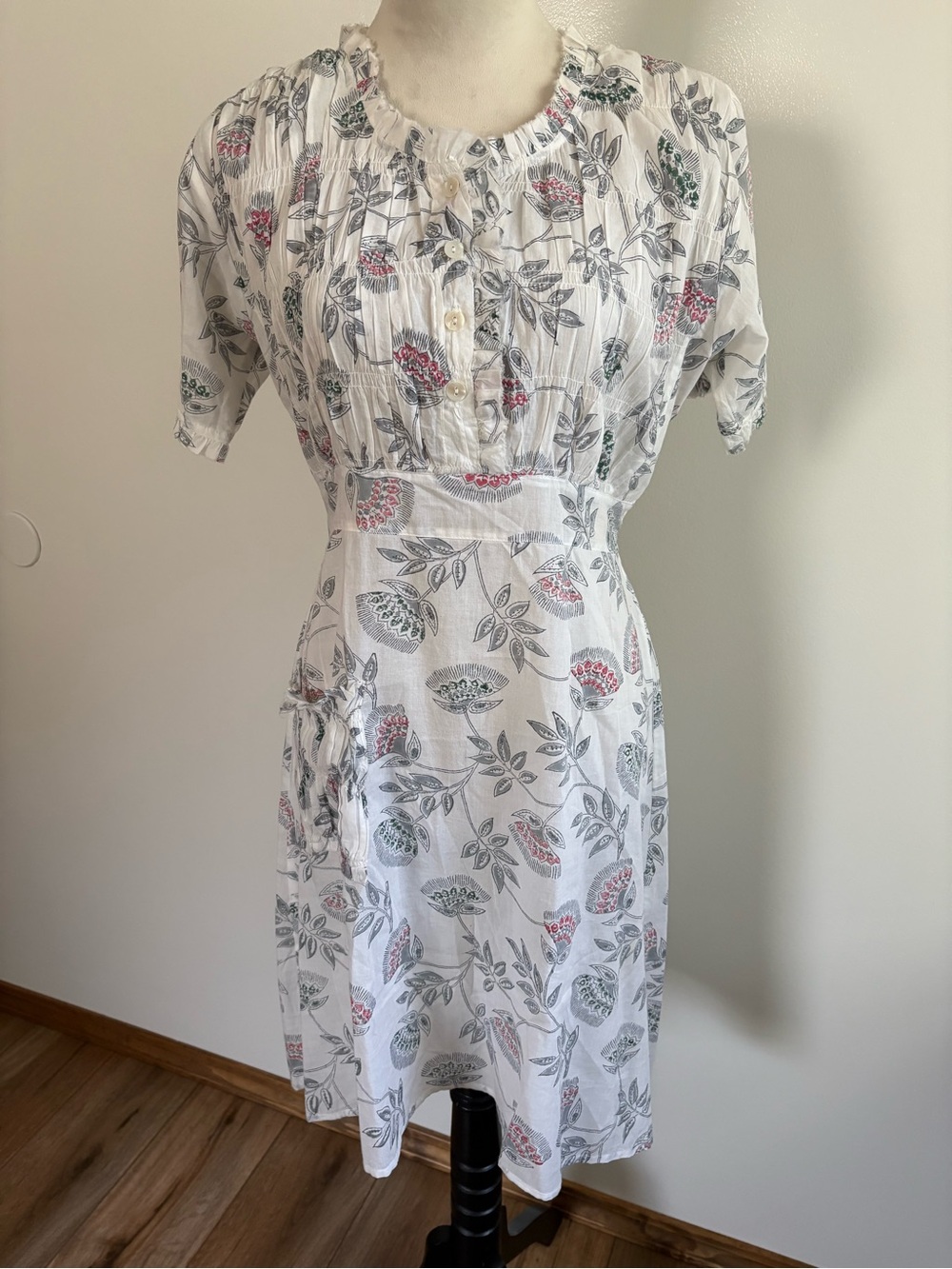 Kerry Cassill Hand Block Floral Print Cotton Midi Dress Lightweight Size M/L